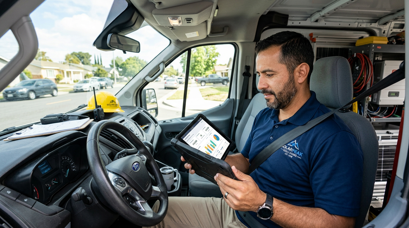 Instalador revisando datos en una tablet dentro de una furgoneta
